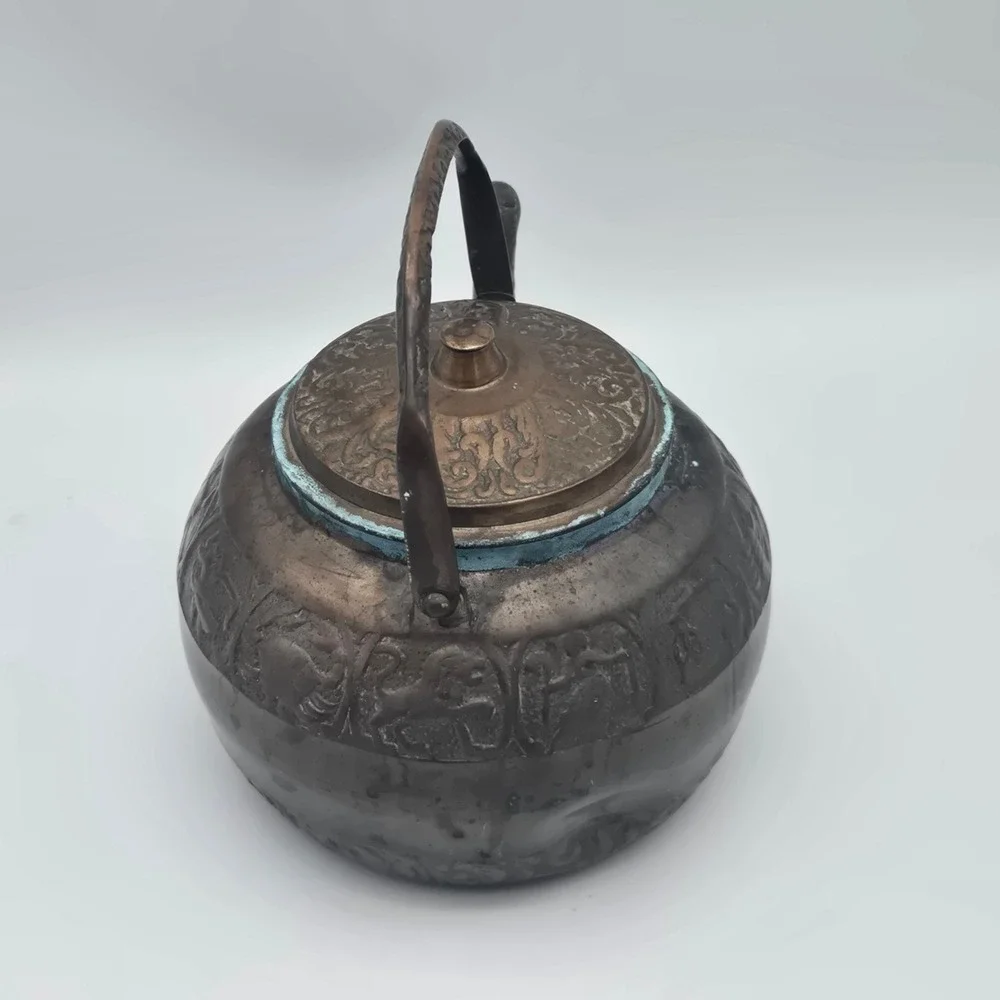 Vintage Chinese Bronze Zodiac Signs Teapot Decorative Embossed Verdigris Patina